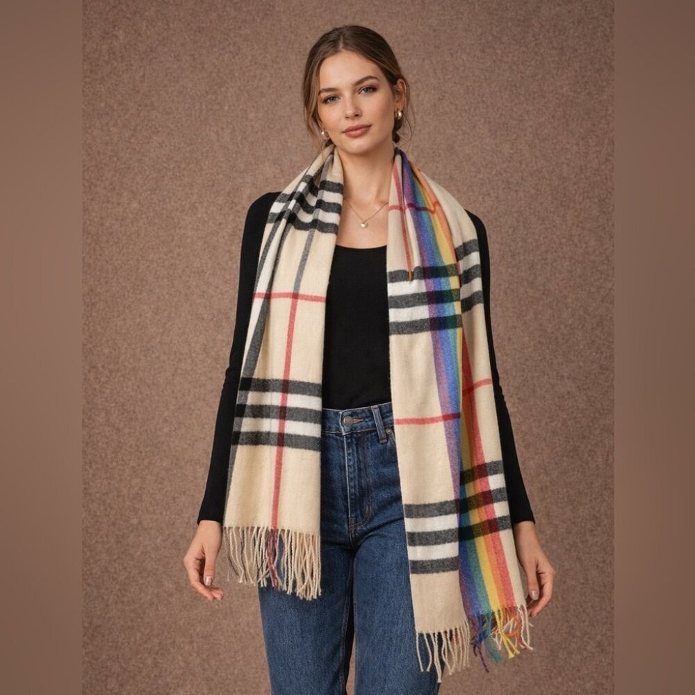 Pashmina 100% Cashmere Cream Plaid Rainbow Scarf One Size Fall Winter Cozy Chic
